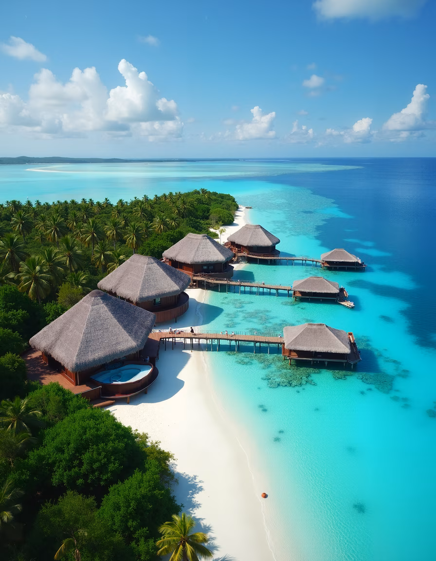 Aerial shot of a tropical paradise resort with overwater bungalows and crystal-clear waters.