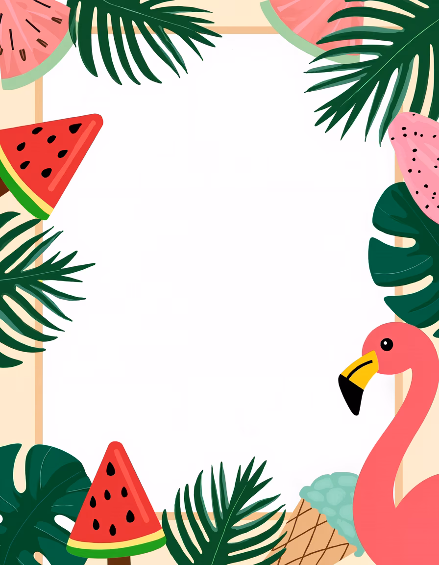 Bright and cheerful tropical summer illustration featuring a flamingo and watermelon slices.