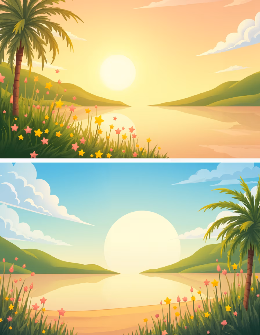 A tranquil tropical sunset scene with palm trees and colorful flowers.