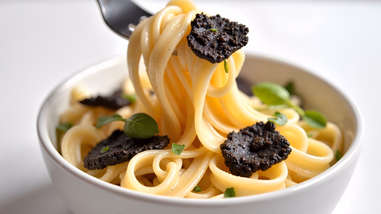 Close-up of linguine pasta with truffle shavings and basil, highlighting culinary artistry.