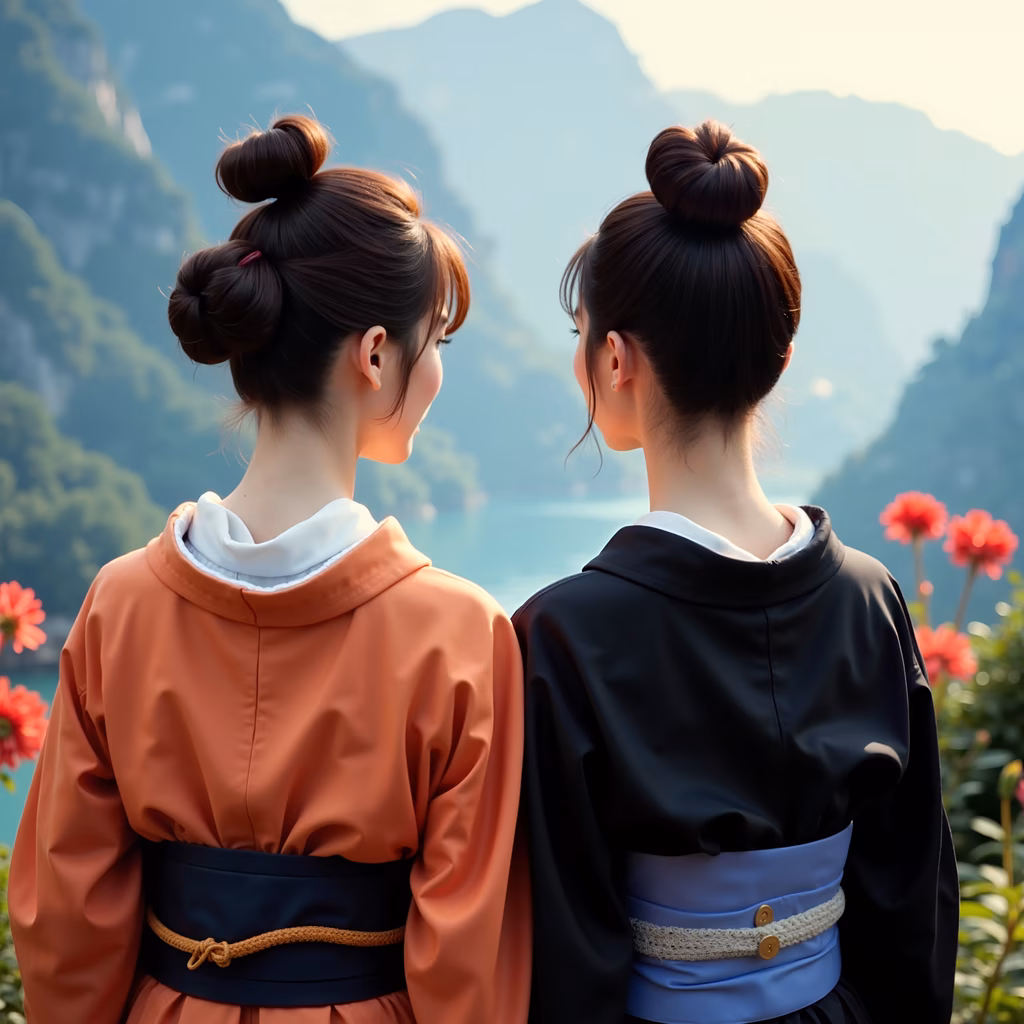Two women in traditional Japanese kimonos admire a scenic mountain view, creating a serene and reflective moment.