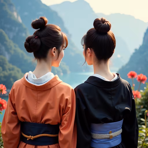 Two Women in Kimono Admiring Nature