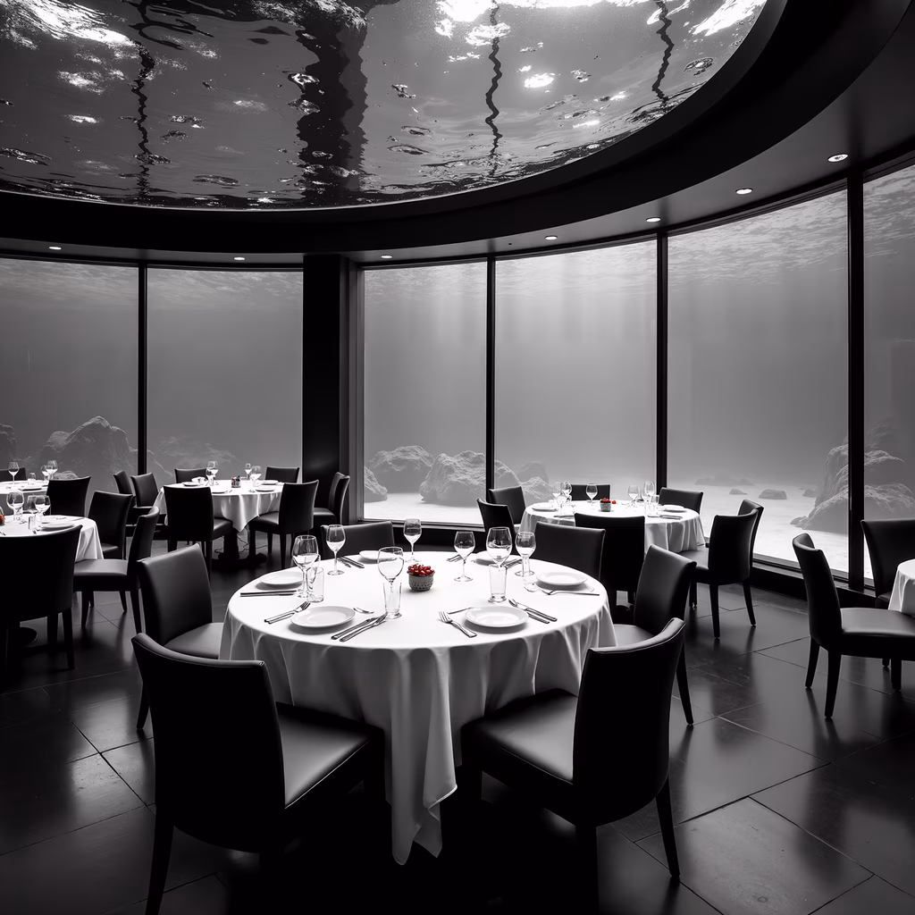 Elegant underwater dining experience with panoramic ocean views and serene ambiance.
