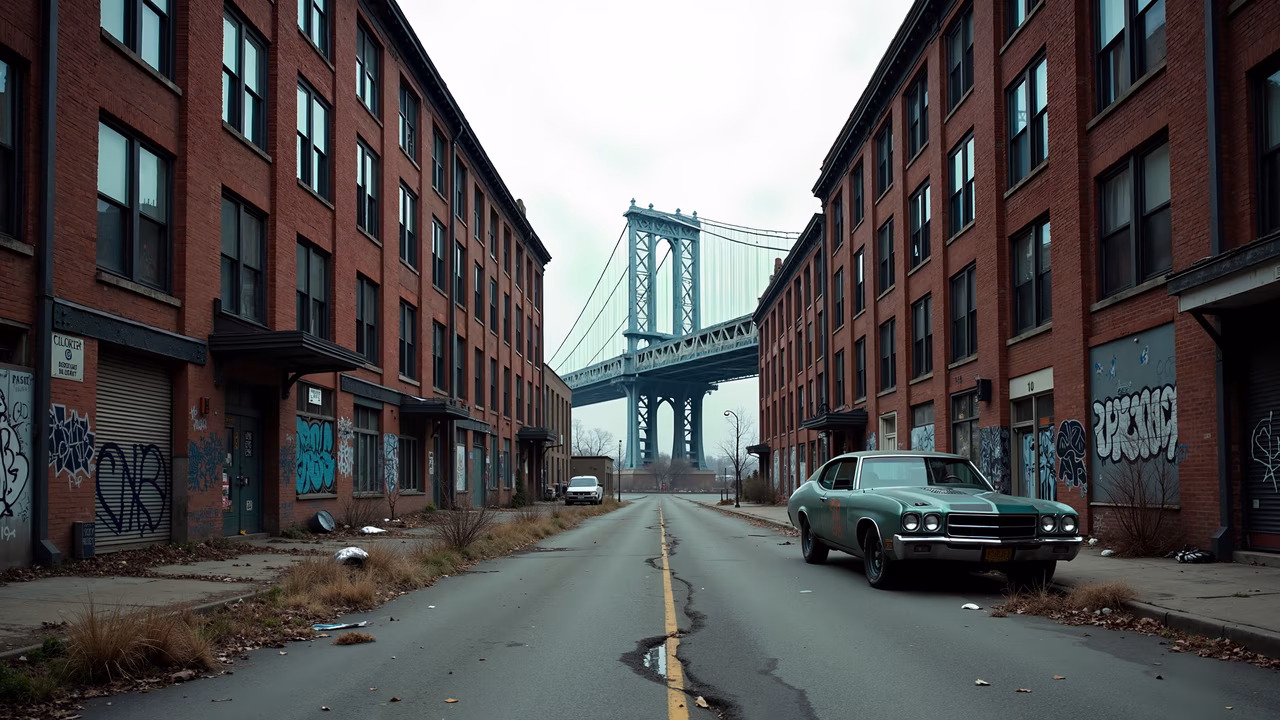 Vintage car, urban decay, Manhattan Bridge, graffiti, abandoned