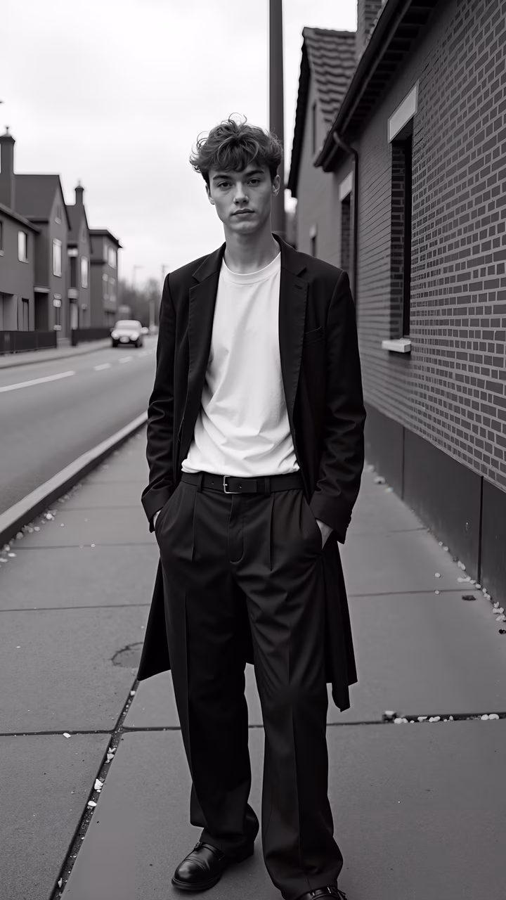 Black-and-white fashion portrait of a young man in a city setting.