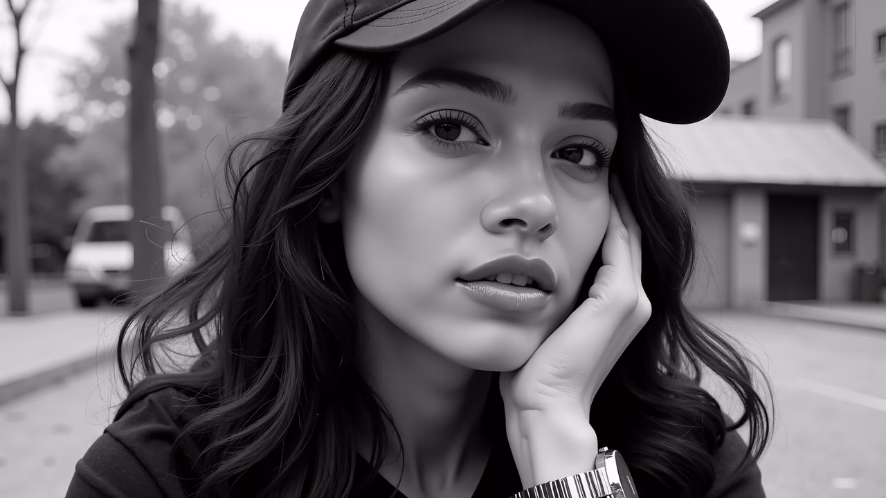 Black-and-white portrait of a thoughtful young woman in an urban setting.