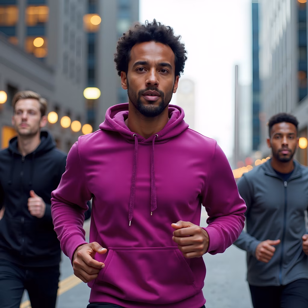 Dynamic urban runners in motion on a city street with modern buildings and warm lights.