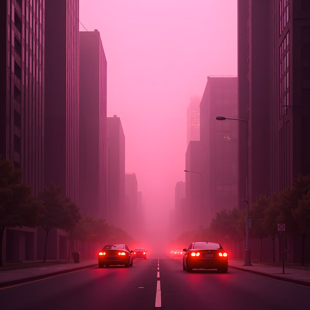 Surreal pink urban twilight with glowing car taillights.