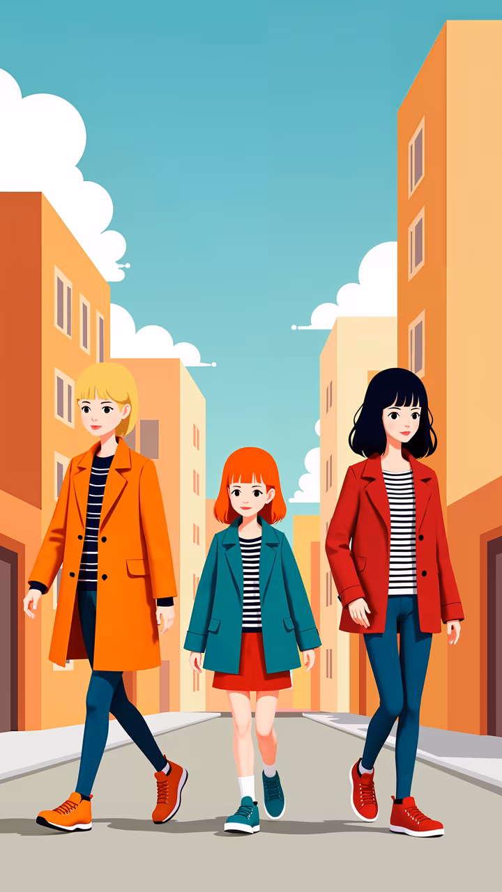 Three stylishly dressed individuals walking down a sunny city street.
