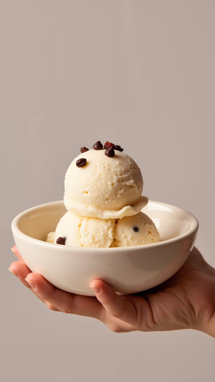 Creamy vanilla ice cream with chocolate chips in a white ceramic bowl, held by a hand against a neutral background.