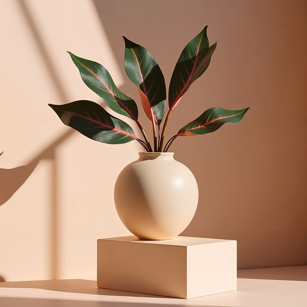 Minimalist still life with vibrant plant in a spherical vase, casting soft shadows.
