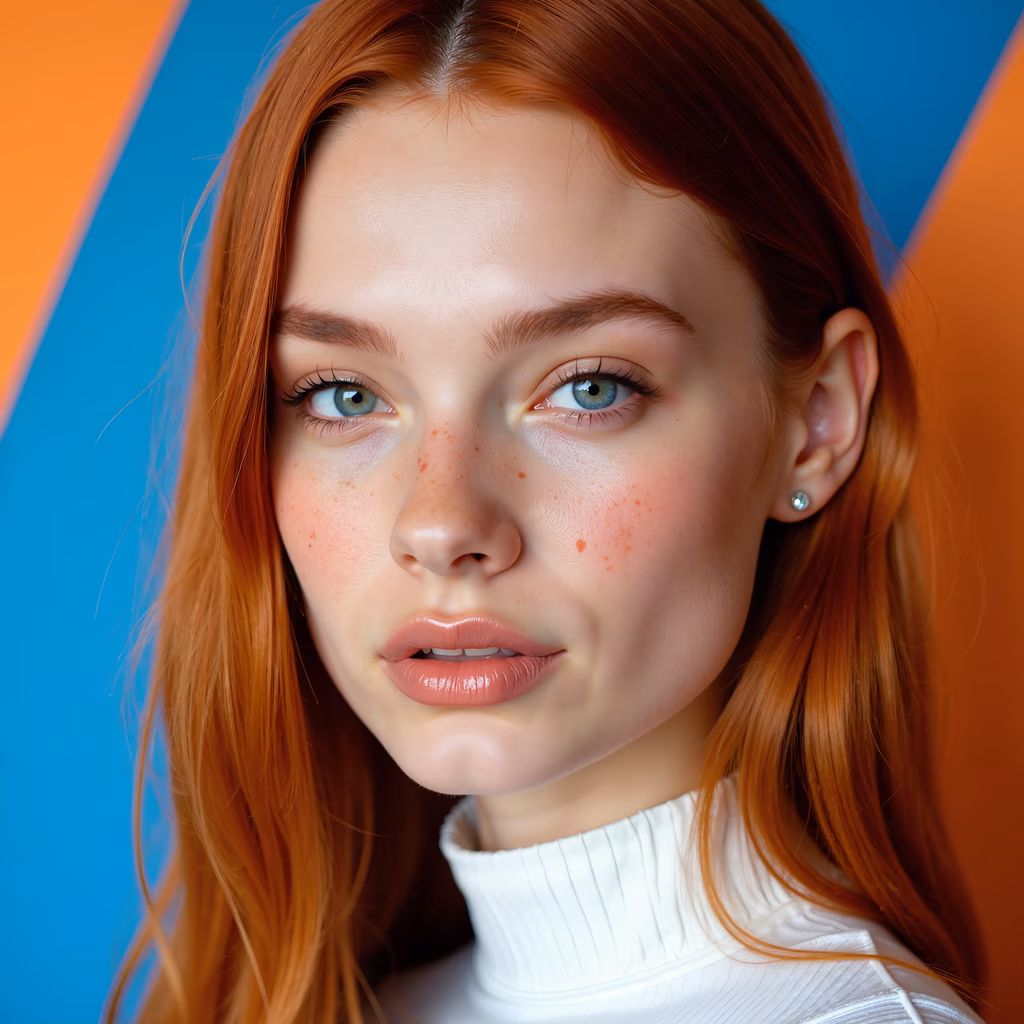 Close-up portrait of a person with vibrant red hair against a bold blue and orange background.