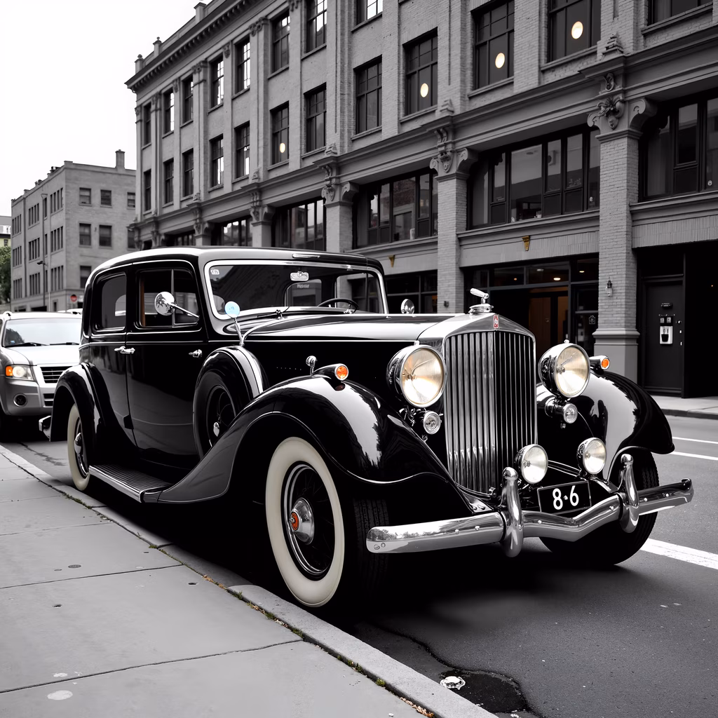 Classic black vintage car with vibrant details against a monochrome cityscape.
