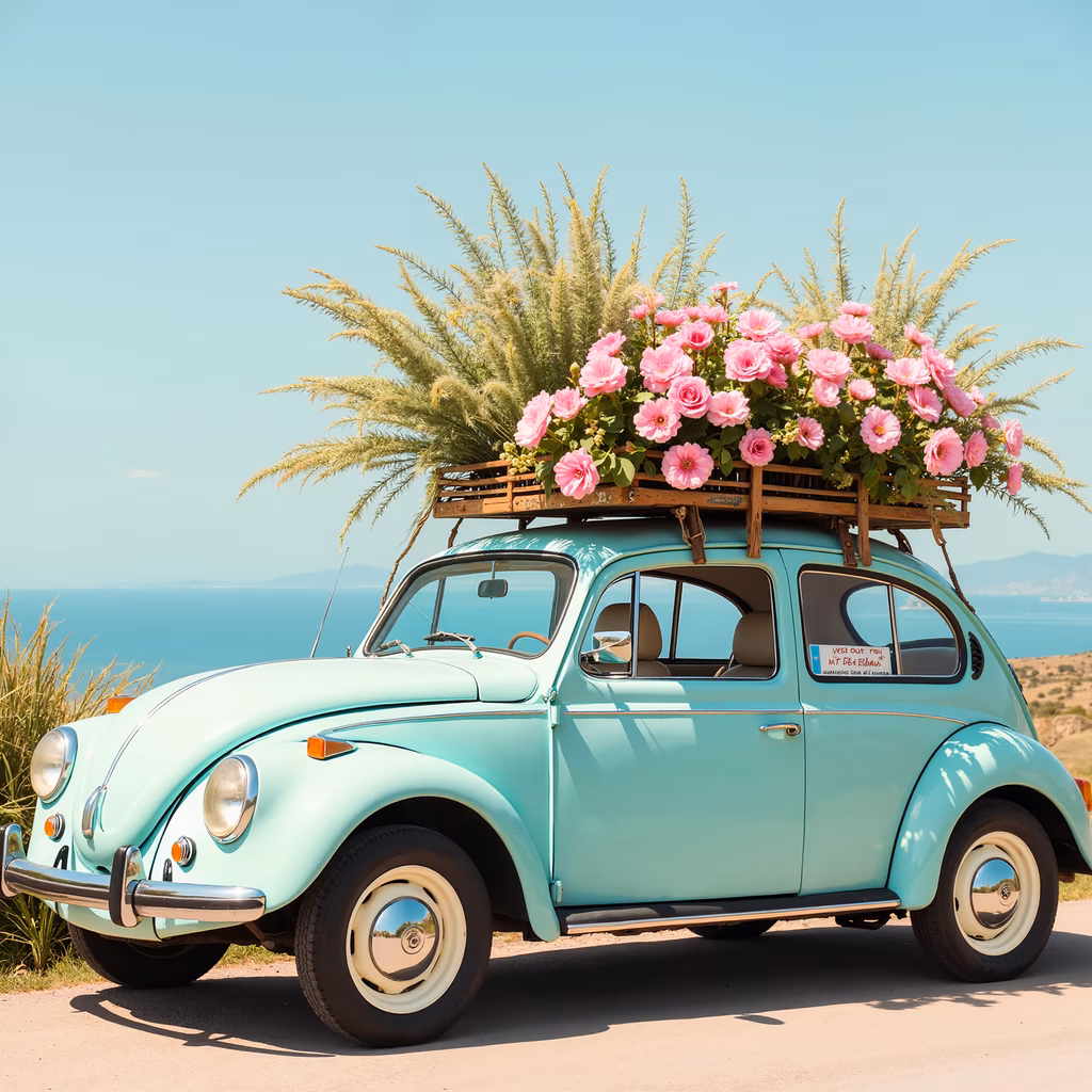Vintage VW Beetle with floral roof, coastal road, summer vibes