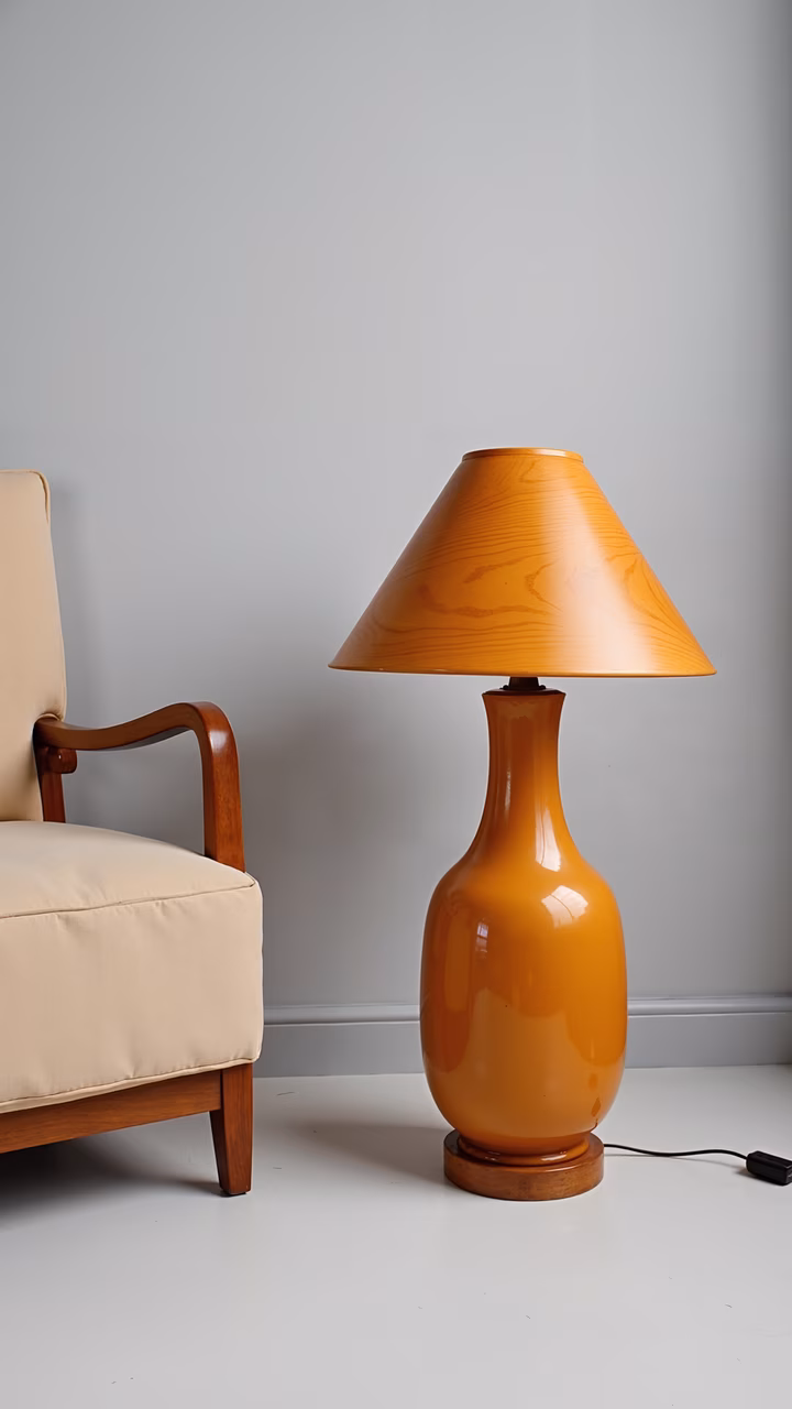 Vintage ceramic lamp with glossy orange finish, creating a warm and nostalgic atmosphere.
