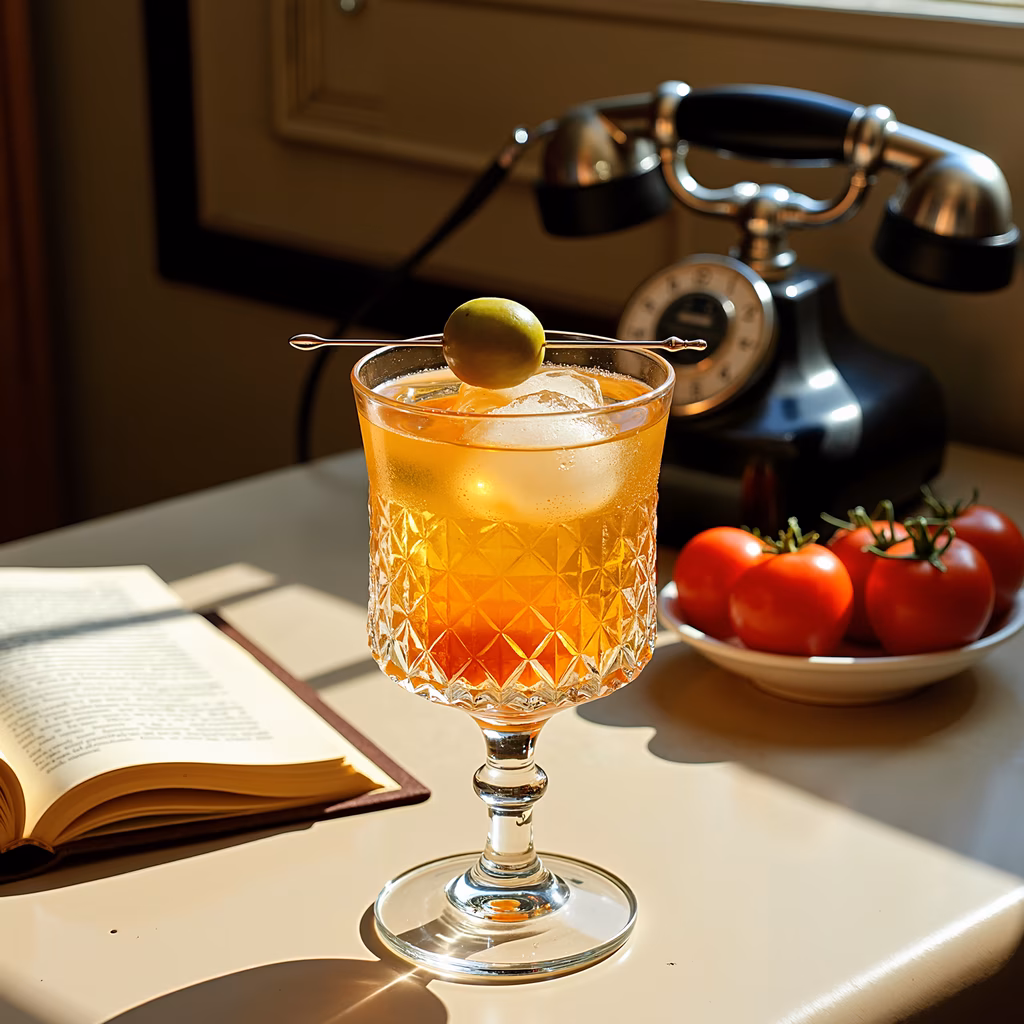 Vintage cocktail with green olive, classic rotary phone, and open book in soft sunlight.