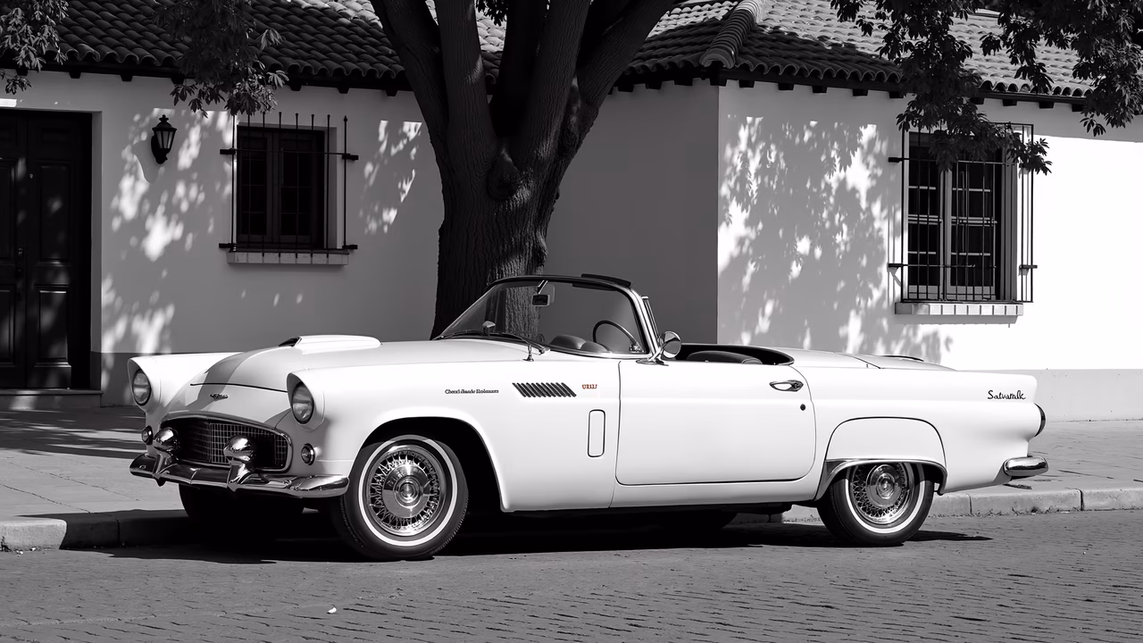 Classic white convertible parked on cobblestone street, monochrome