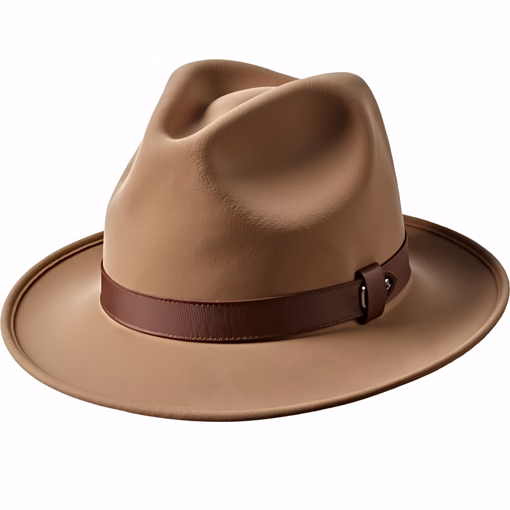 Classic vintage fedora with detailed texture and sophisticated leather band.
