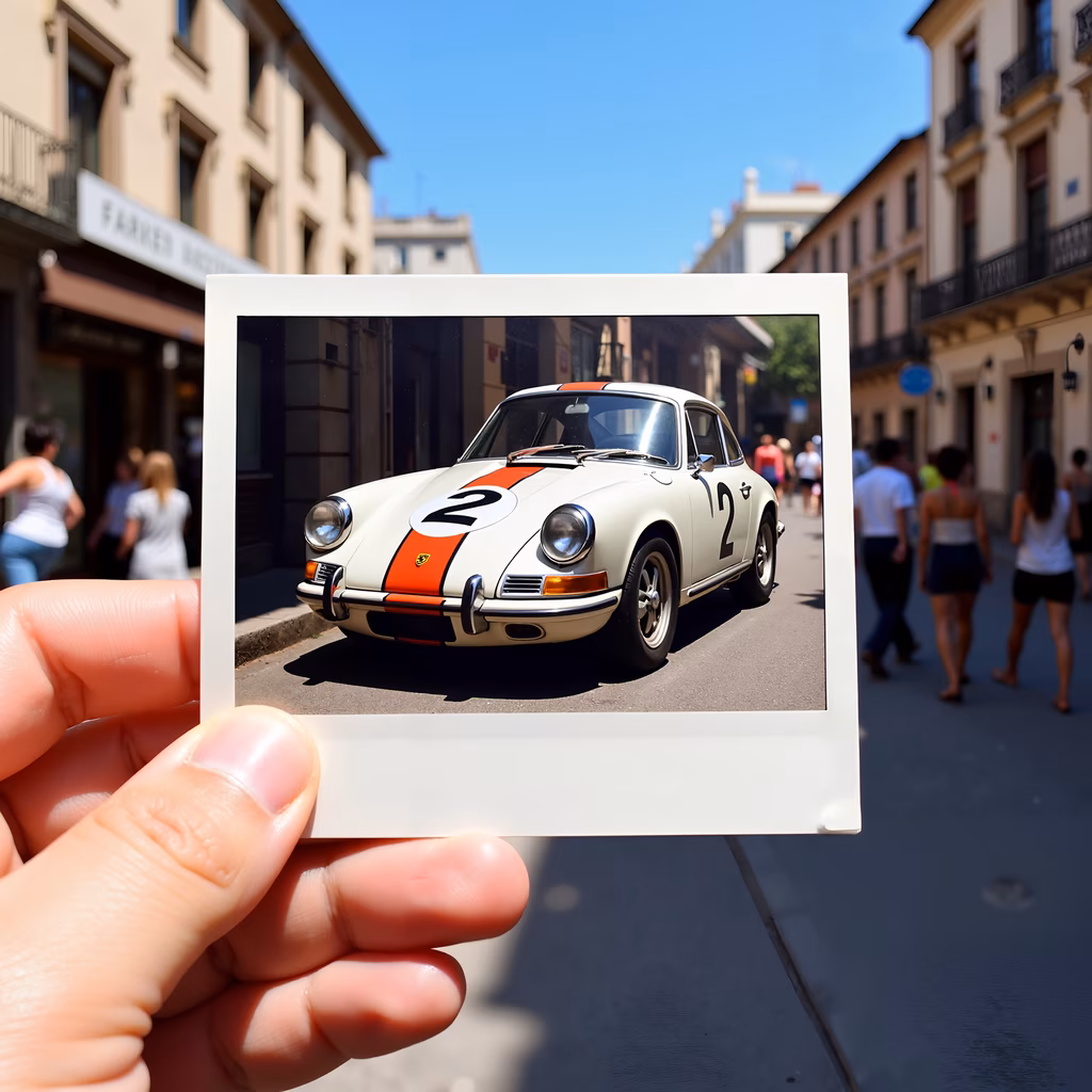 Vintage Porsche captured in Polaroid style on sunny street.