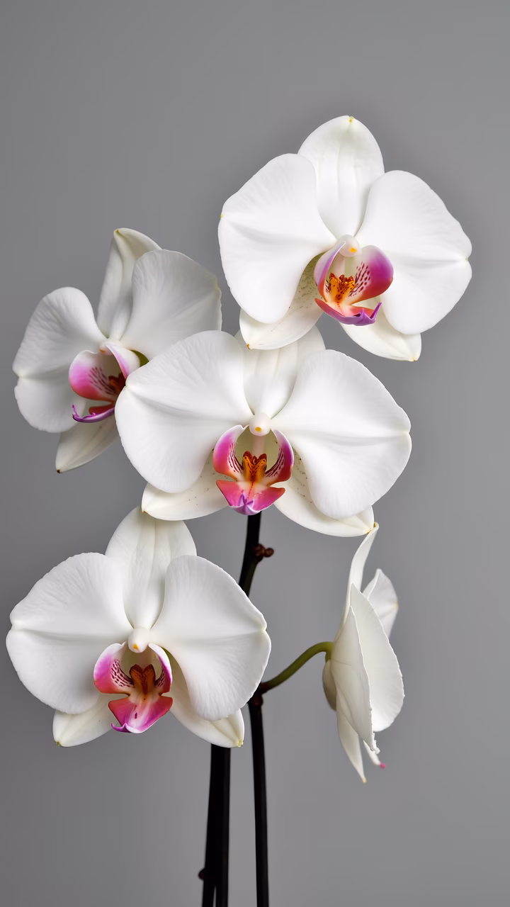 Elegant white orchids with vibrant centers on a neutral background.