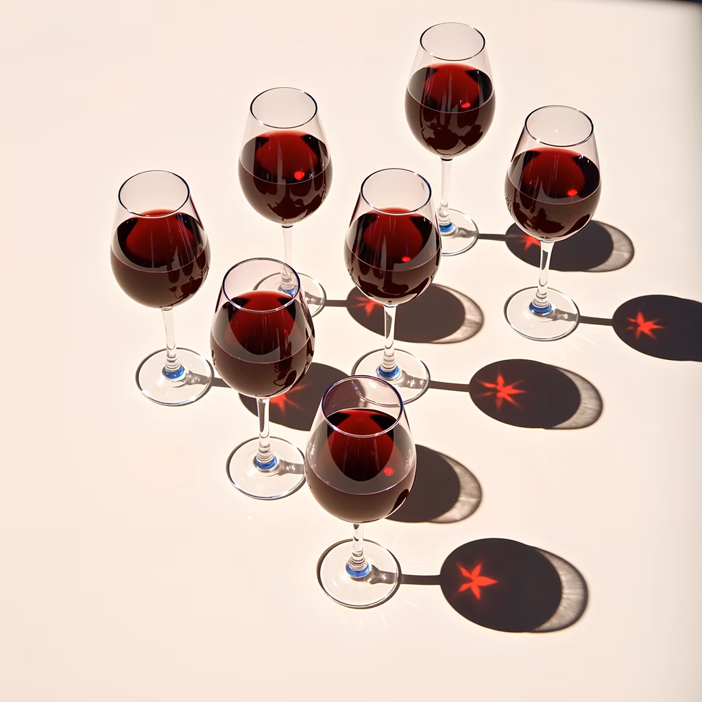 Symmetrical arrangement of wine glasses with star-shaped shadows on a reflective surface.