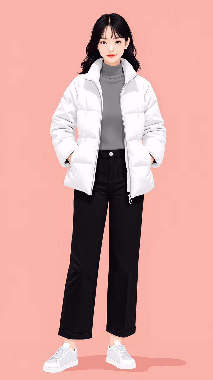 Minimalist winter fashion illustration with elegant colors and clean lines.