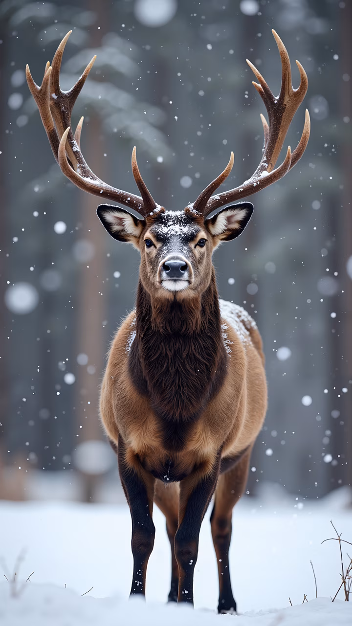 Majestic deer in a snowy forest, serene winter landscape