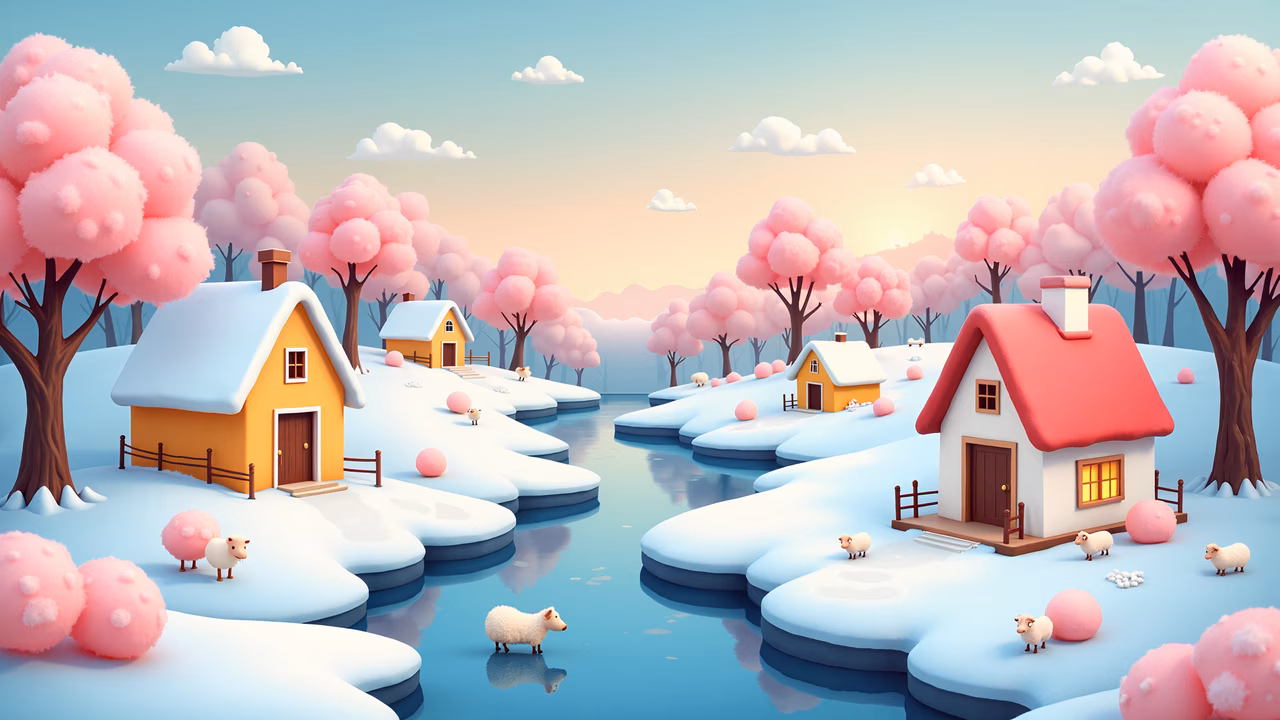 Whimsical winter scene with fluffy pink trees and snowy houses, perfect for children’s art.