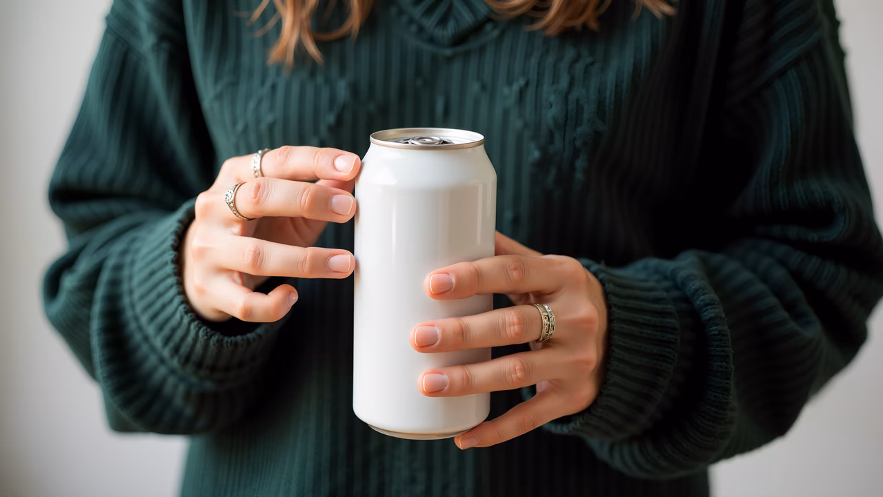 Close-up of a woman in a green sweater holding a white can, showcasing minimalism and elegance.