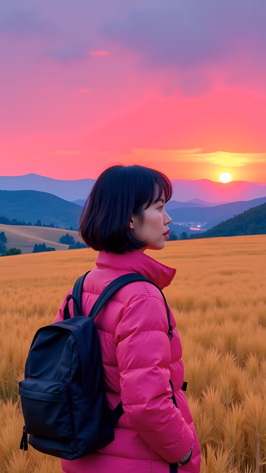 Woman in Pink Coat at Sunset