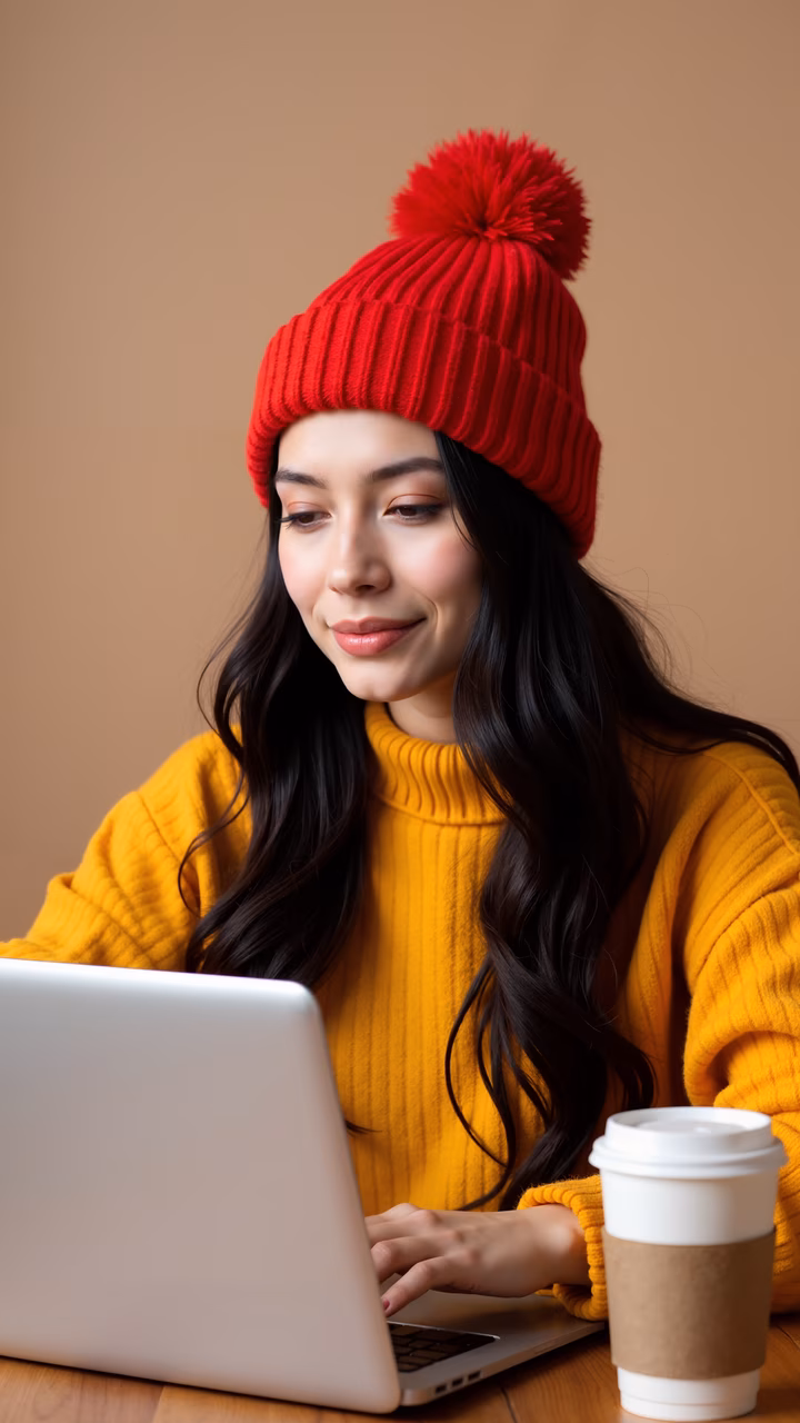 Woman in red beanie, cozy sweater, focused on laptop, warm beige background.