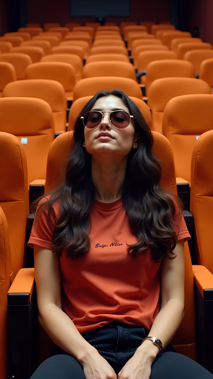 Woman relaxing in a dimly lit cinema, wearing sunglasses and a casual red t-shirt.