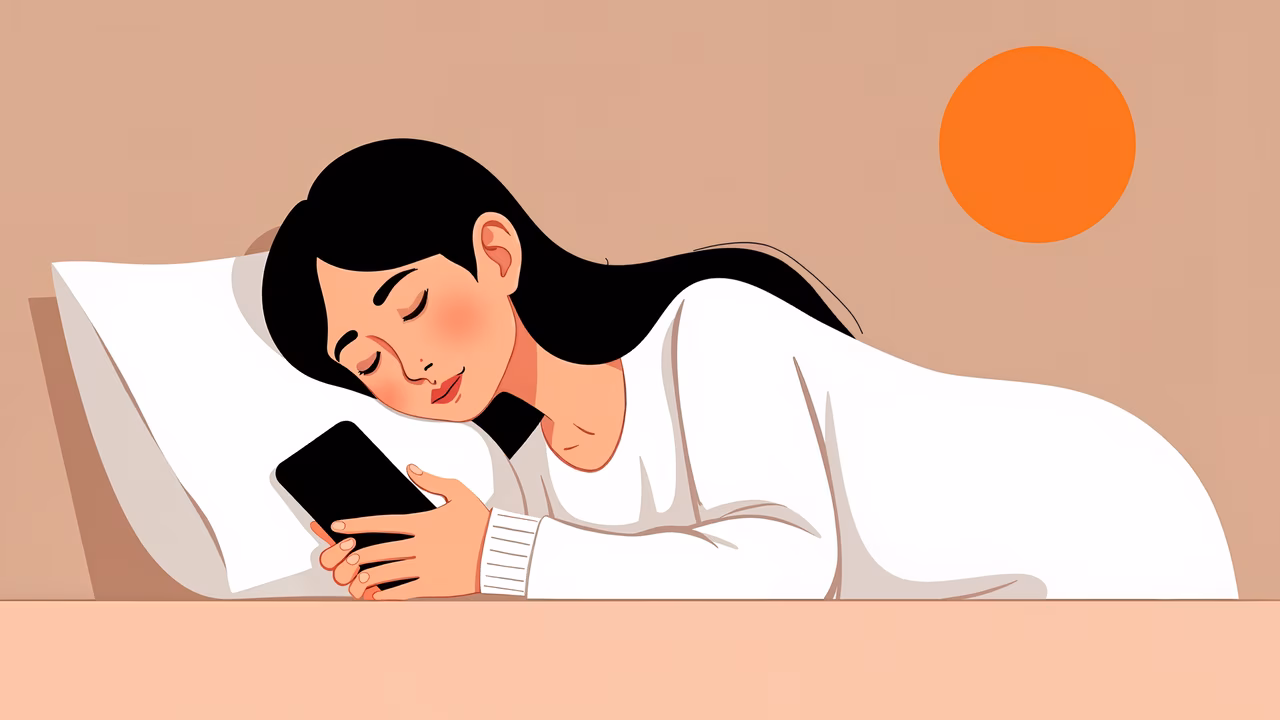 A woman sleeping peacefully with a smartphone in hand, symbolizing the blend of rest and modern life.