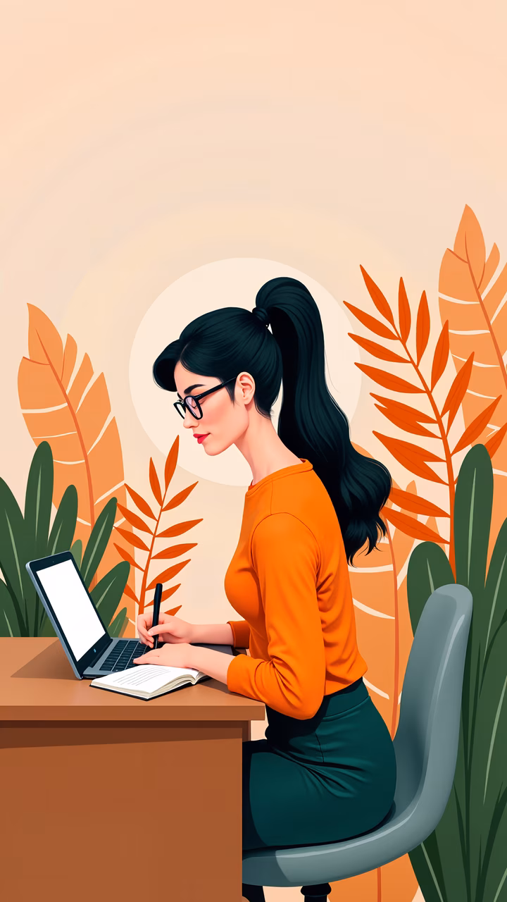 A woman working at a desk surrounded by warm foliage, symbolizing productivity and tranquility.