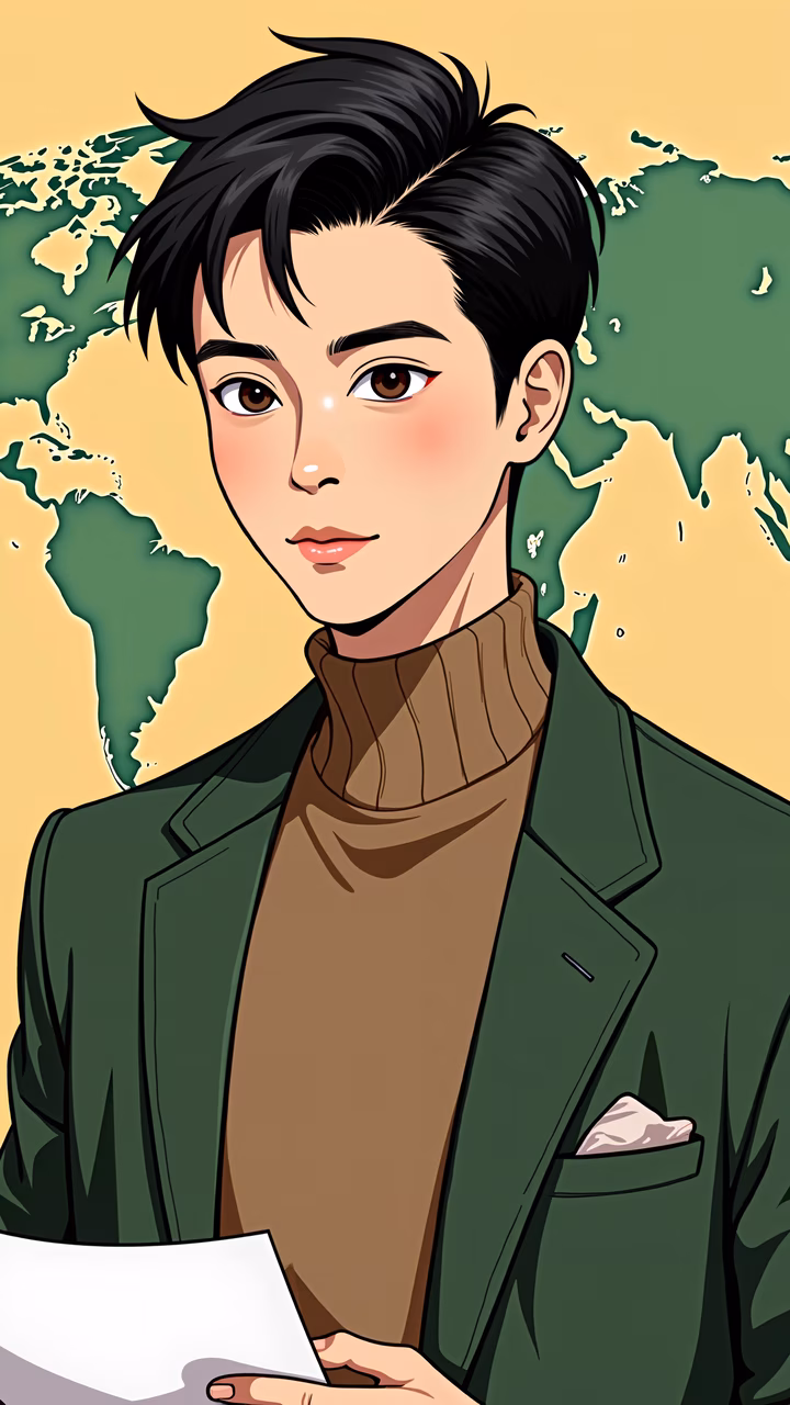 Stylish explorer with world map backdrop, ready for adventure.