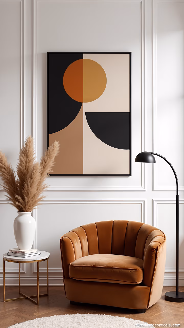 Minimalist interior with bold abstract art and cozy seating.