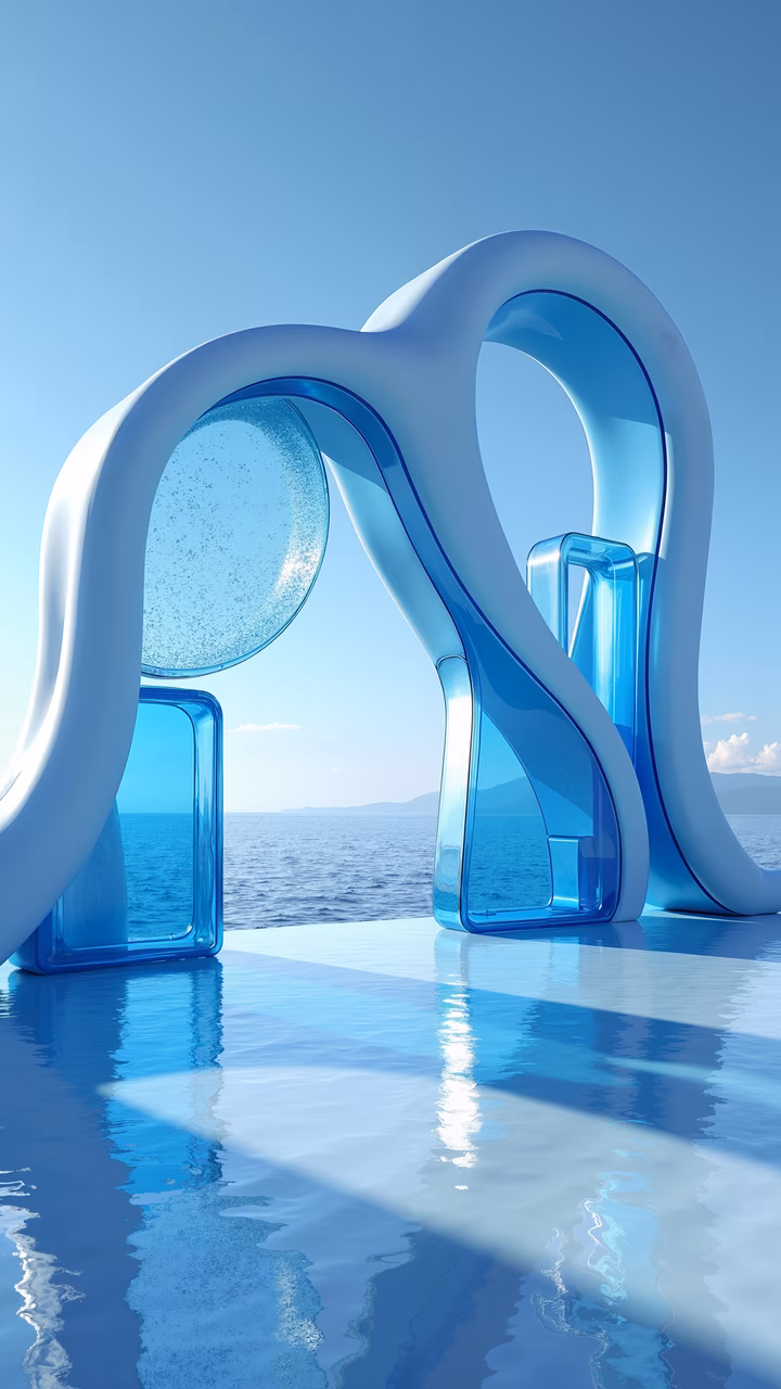 Futuristic ocean sculpture reflecting tranquility and modern elegance.