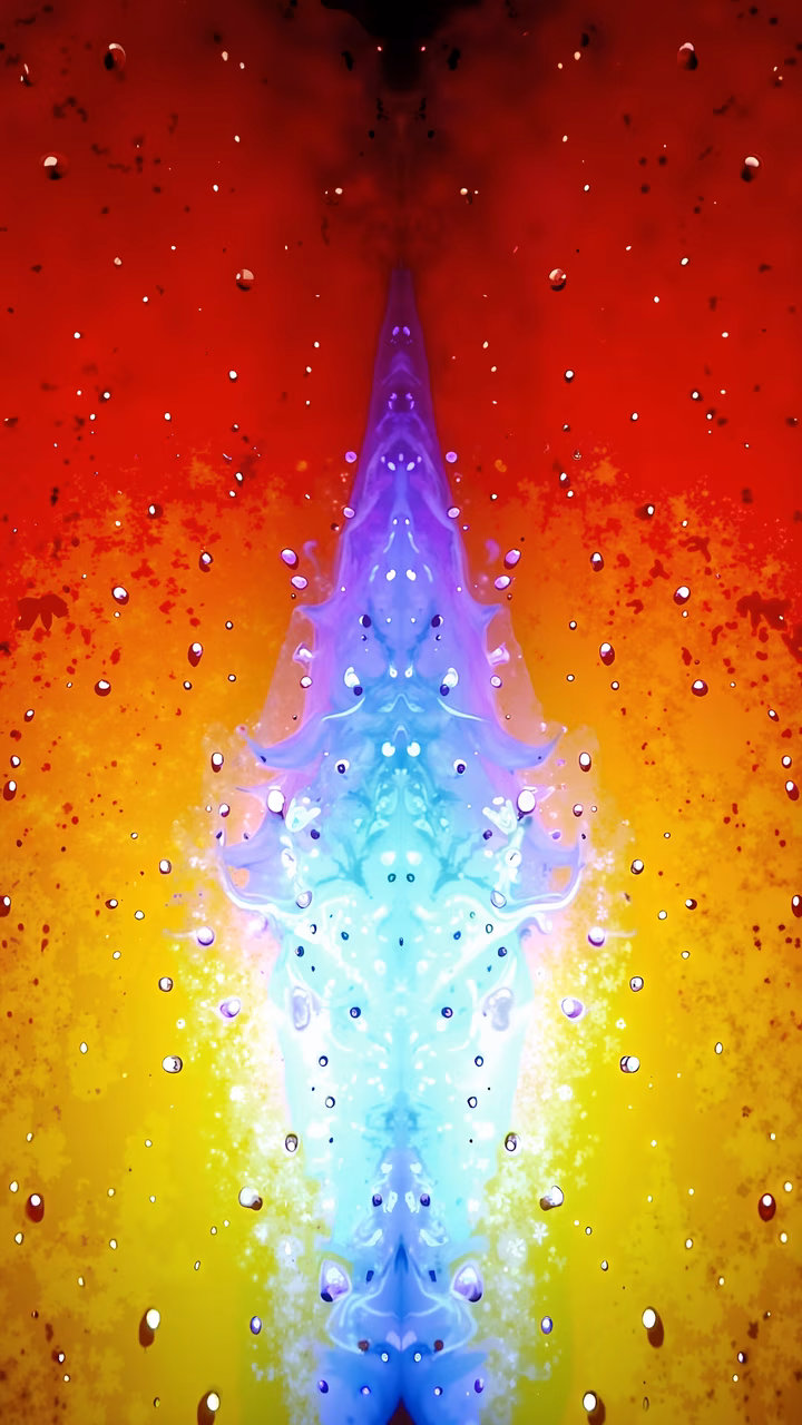 Symmetrical inkblot design with vibrant colors and a surreal atmosphere.