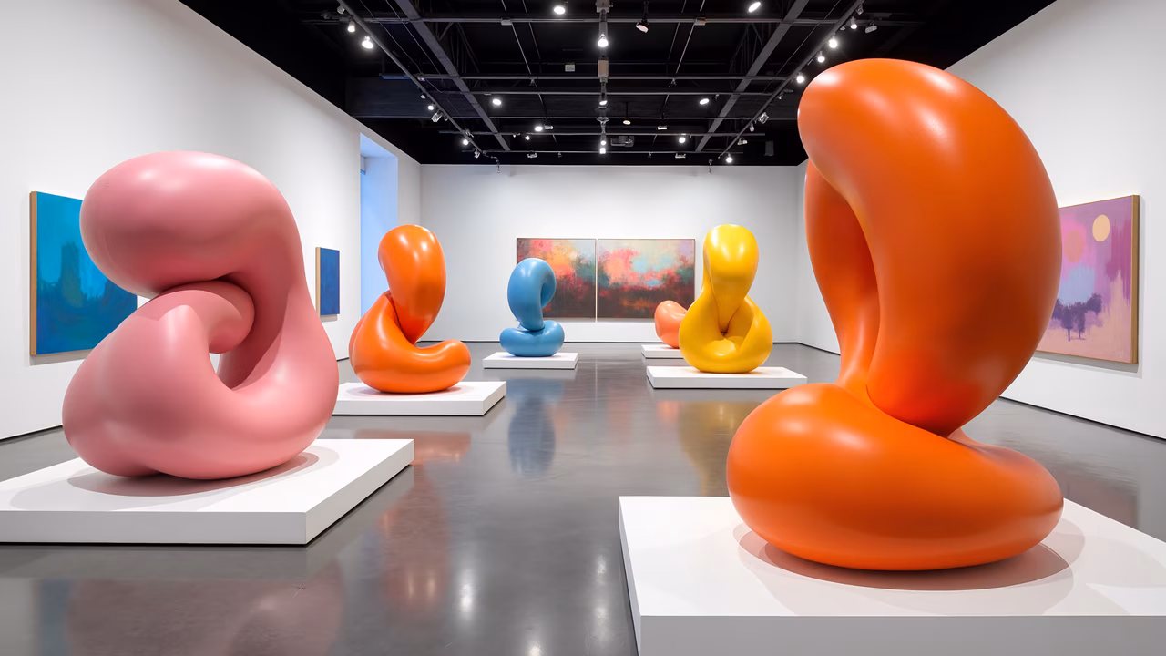 Bold abstract sculptures in a modern art gallery setting.