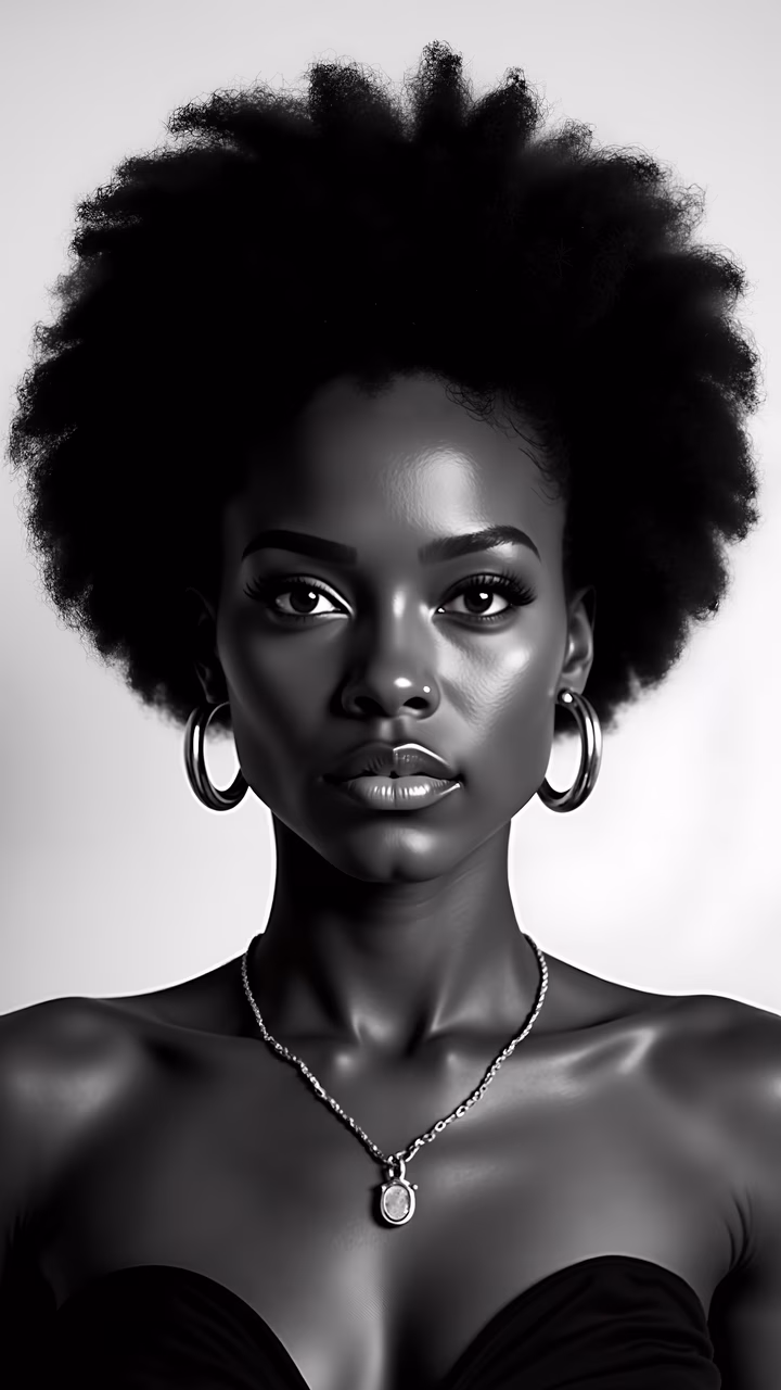 Detailed black-and-white portrait of a woman with afro hair, wearing hoop earrings and a necklace.