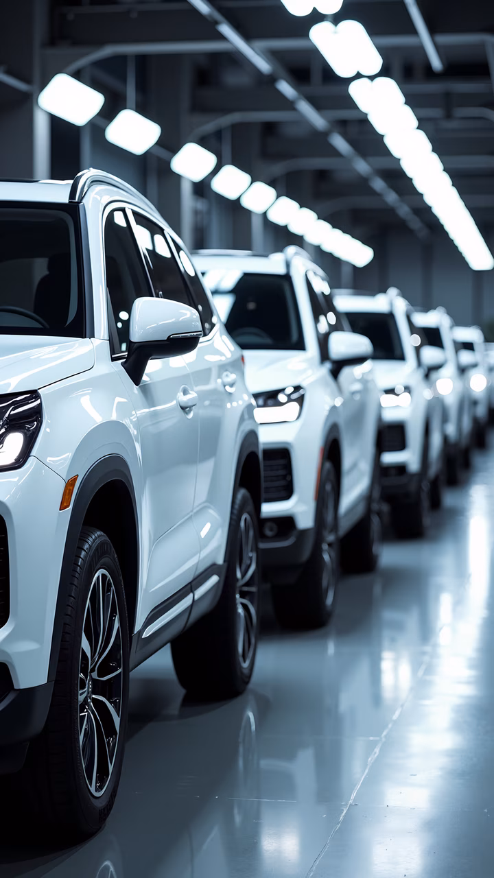 Sleek white SUVs in a modern industrial assembly line.