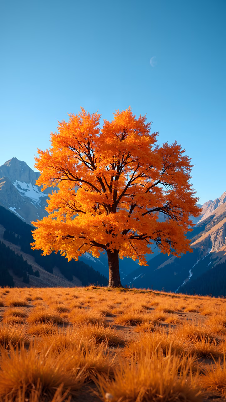 Solitary autumn tree amidst golden fields and distant mountains under a clear blue sky with a crescent moon.