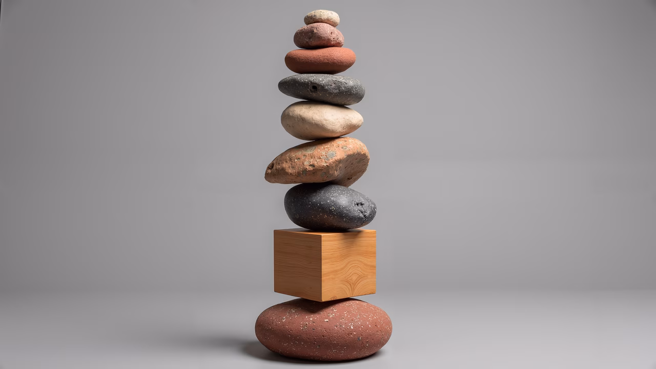 Minimalist still life with balanced stones and wooden cube.