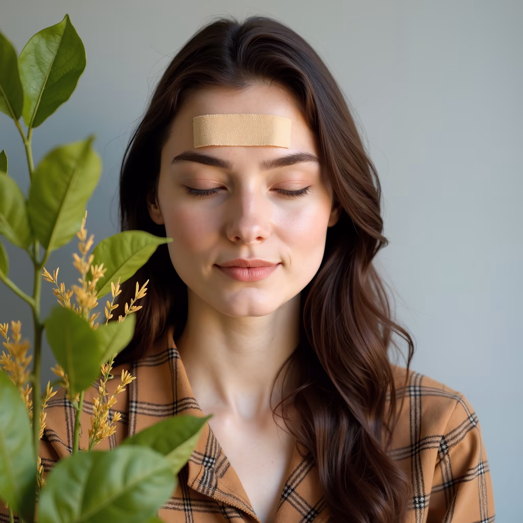 Close-up portrait of a person smiling with a band-aid on their forehead, exuding warmth and positivity.