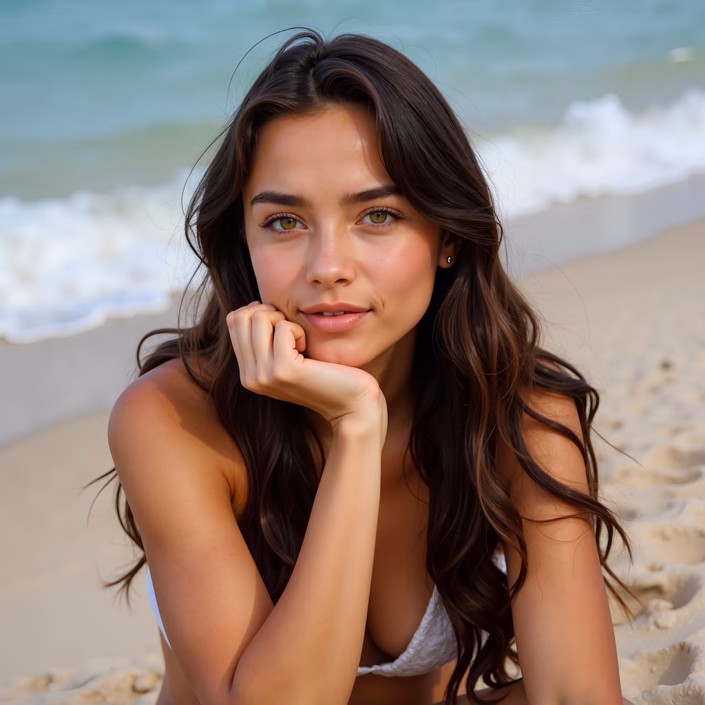 A beautiful woman relaxing on a sunny beach, evoking a sense of calm and serenity.