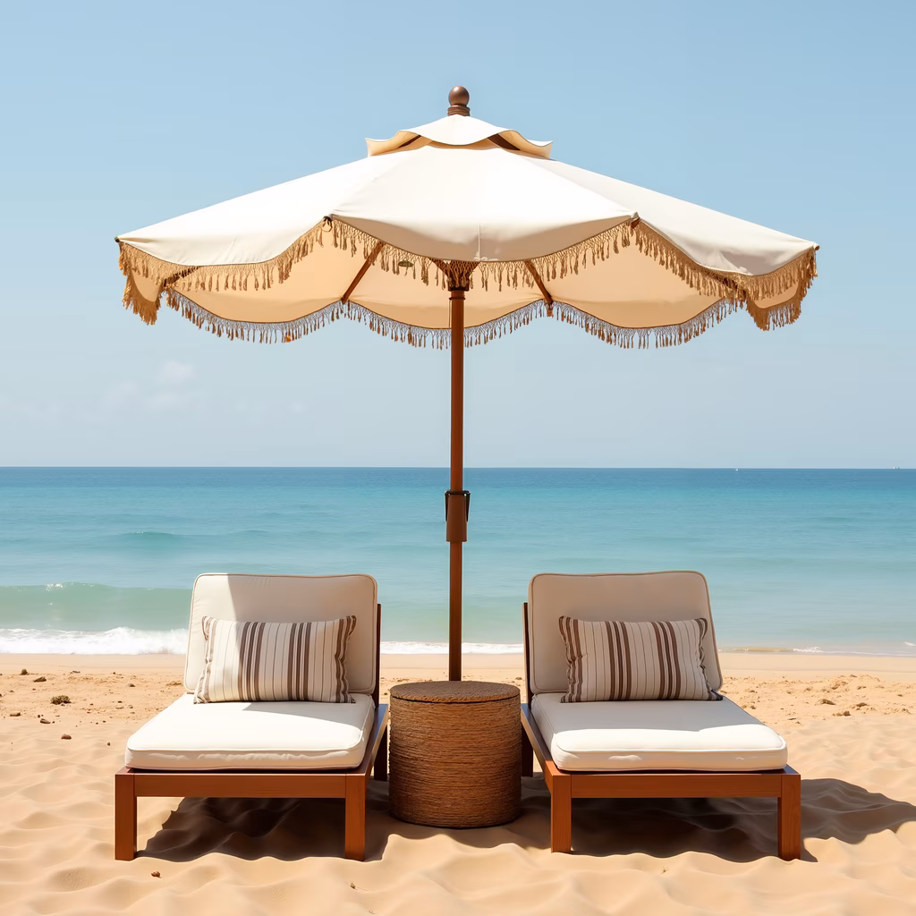 Relaxing sun loungers under a parasol on a beautiful beach.
