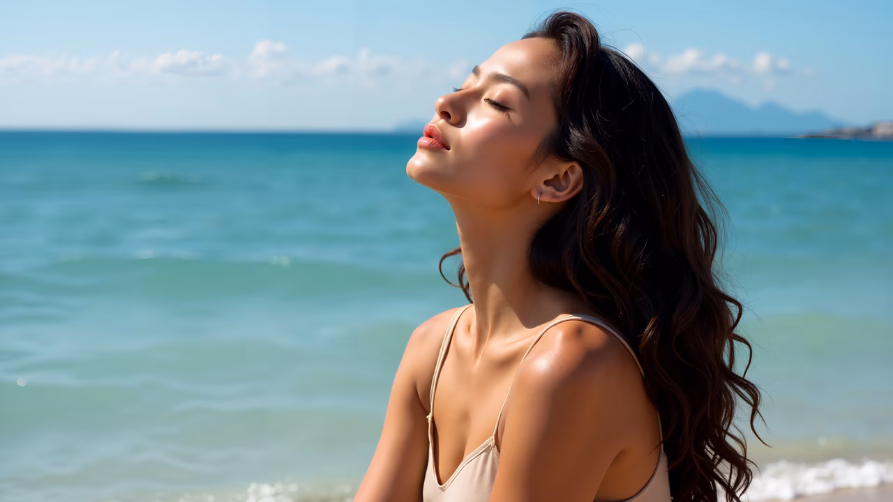 Woman enjoying the sun on a beautiful beach day.