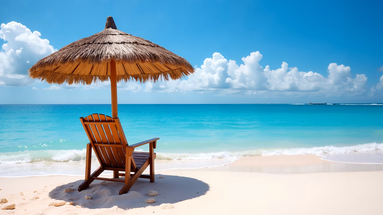 Relaxing beach chair under a thatched umbrella on a sunny day.