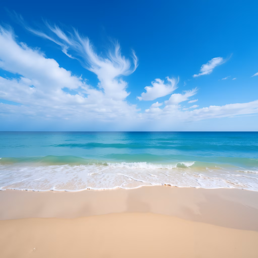 A peaceful beach scene with turquoise waters and soft sand.