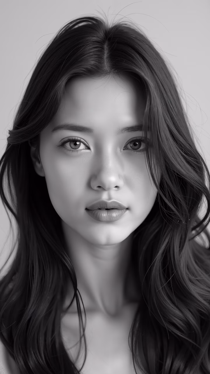 A striking black and white portrait with soft lighting and detailed textures.